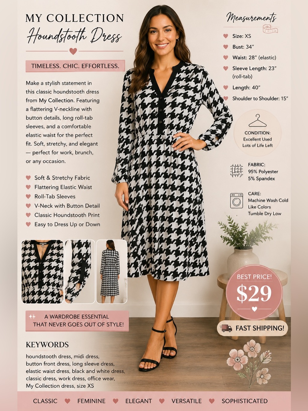 NY Collection Black and White Houndstooth Long-Sleeve Dress